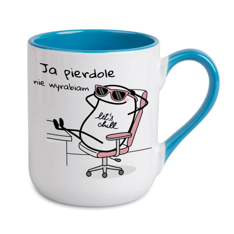 niebieski kubek personalizowany z imieniem ja pierdole nie wyrabiam kubek humorystyczny na prezent nadruk dwustronny