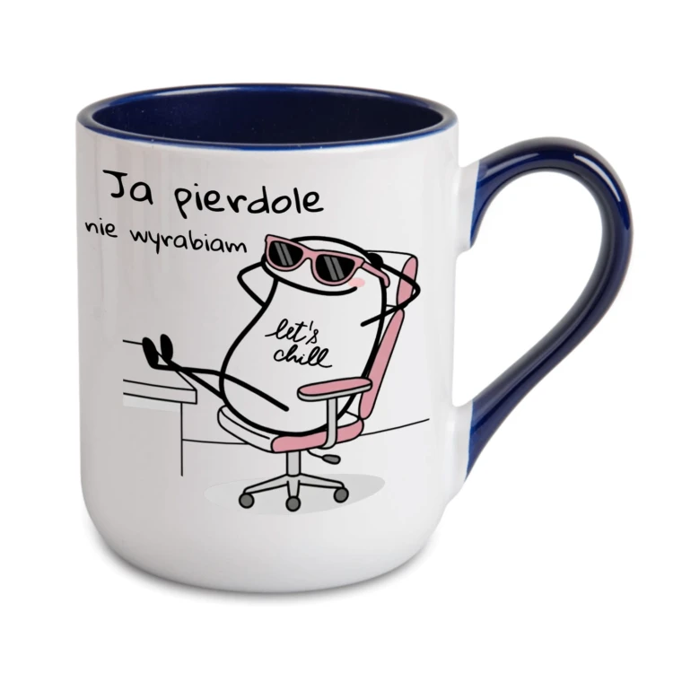 granatowy kubek personalizowany z imieniem ja pierdole nie wyrabiam kubek z mocnym napisem nadruk po obu stronach