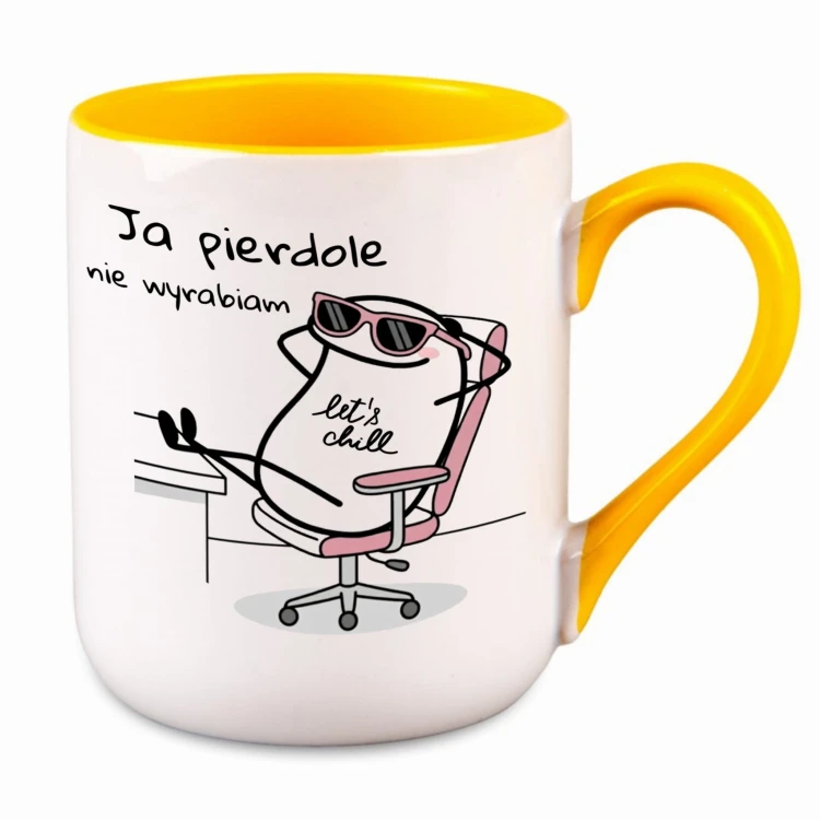 żółty kubek personalizowany z imieniem ja pierdole nie wyrabiam śmieszny kubek prezentowy nadruk dwustronny