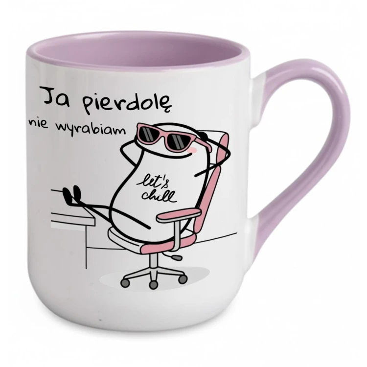 fioletowy kubek personalizowany z imieniem ja pierdole nie wyrabiam nadruk dwustronny śmieszny kubek na prezent