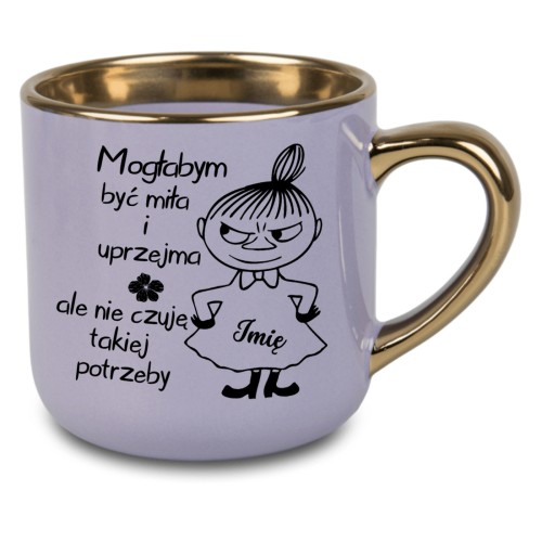 kubek fioletowy personalizowany imieniem mogłabym być miła złoty rant