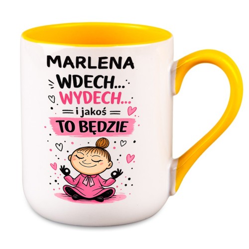 kubek personalizowany wdech wydech żółty środek i ucho z imieniem prezent dla niej