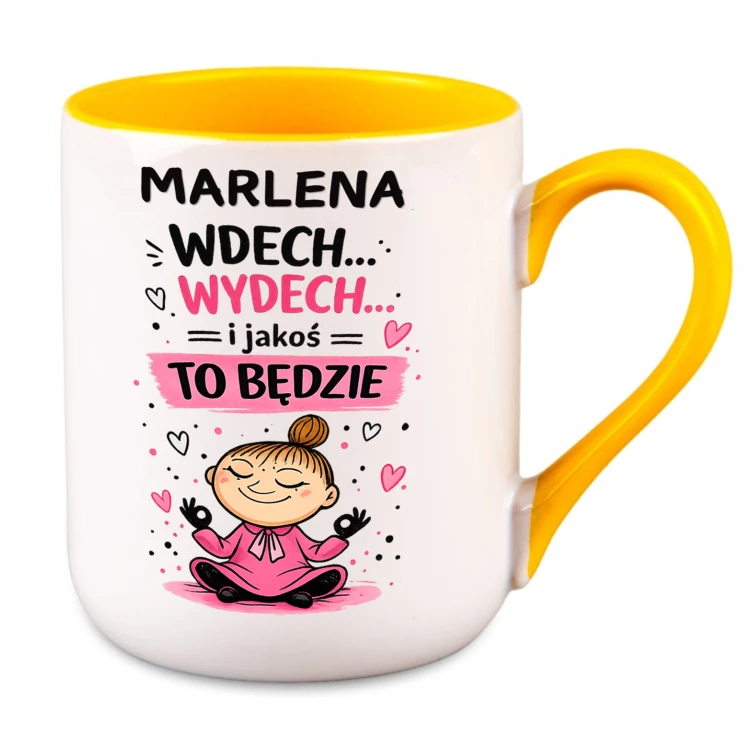 kubek personalizowany wdech wydech żółty środek i ucho z imieniem prezent dla niej