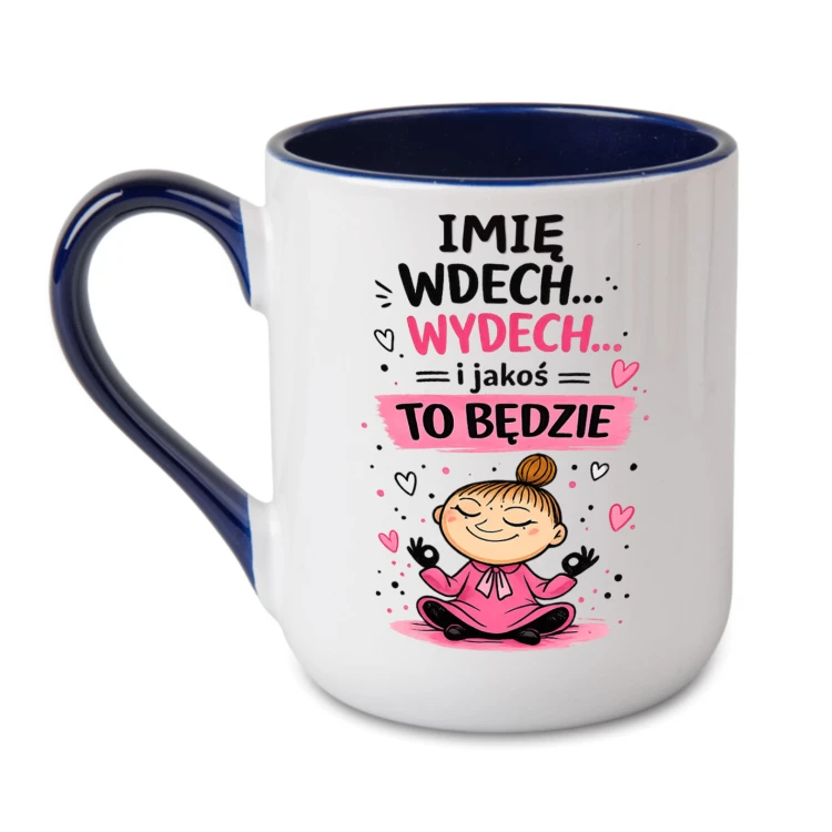 kubek personalizowany wdech wydech granatowy środek i ucho nadruk dwustronny prezent