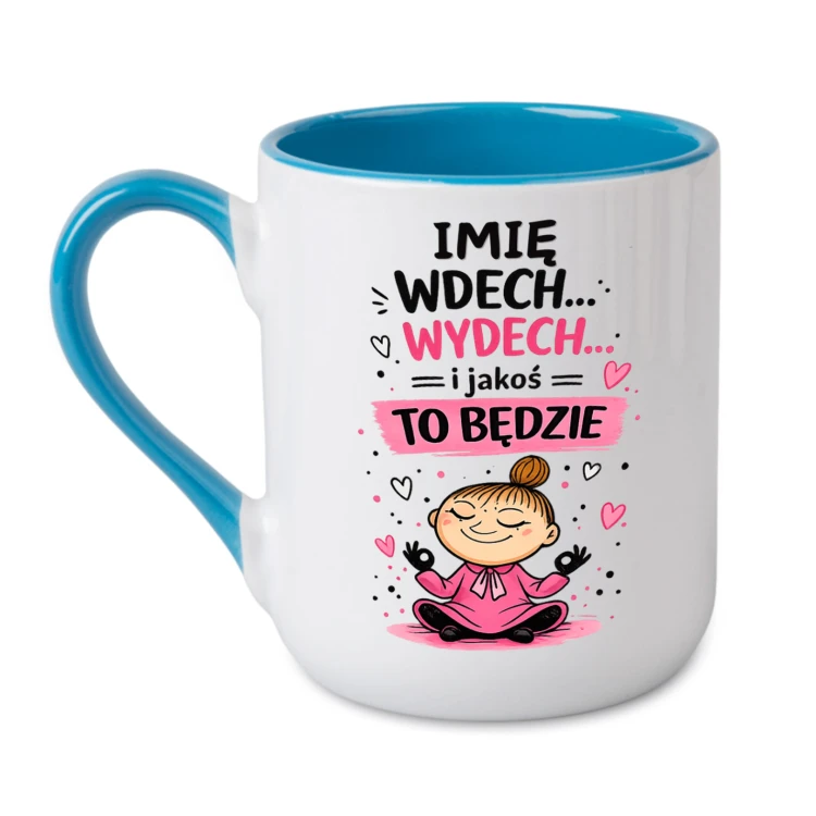 kubek z napisem wdech wydech niebieski środek i ucho personalizowany do pracy
