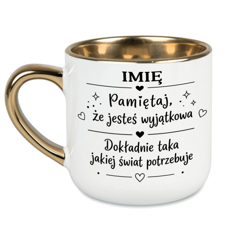 Biały ceramiczny kubek z pełnym złotym wnętrzem i dwustronnym nadrukiem dla kobiety, sklep alexgrawer.pl