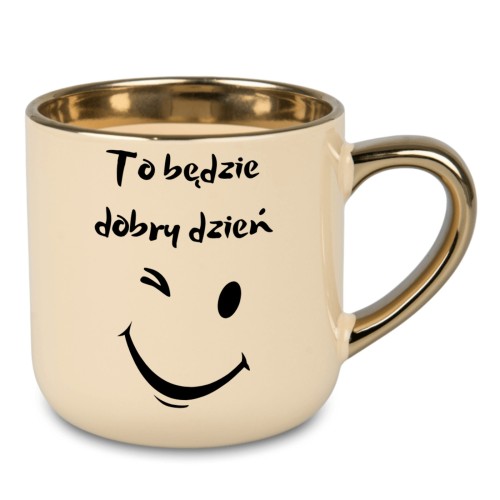 Ceramiczny kubek w kolorze kremowym z tekstem to będzie dobry dzień i uśmiechem