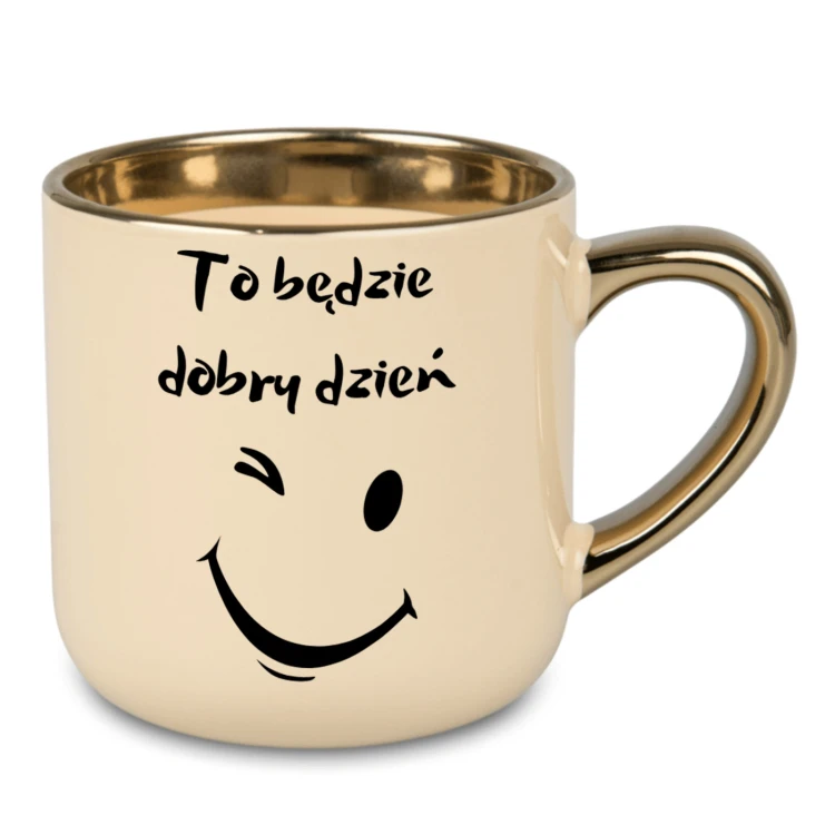 Ceramiczny kubek w kolorze kremowym z tekstem to będzie dobry dzień i uśmiechem