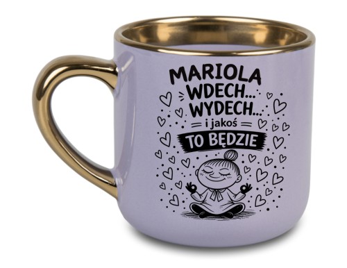 Fioletowy personalizowany kubek dla kobiety z napisem Wdech Wydech i złotym uchem
