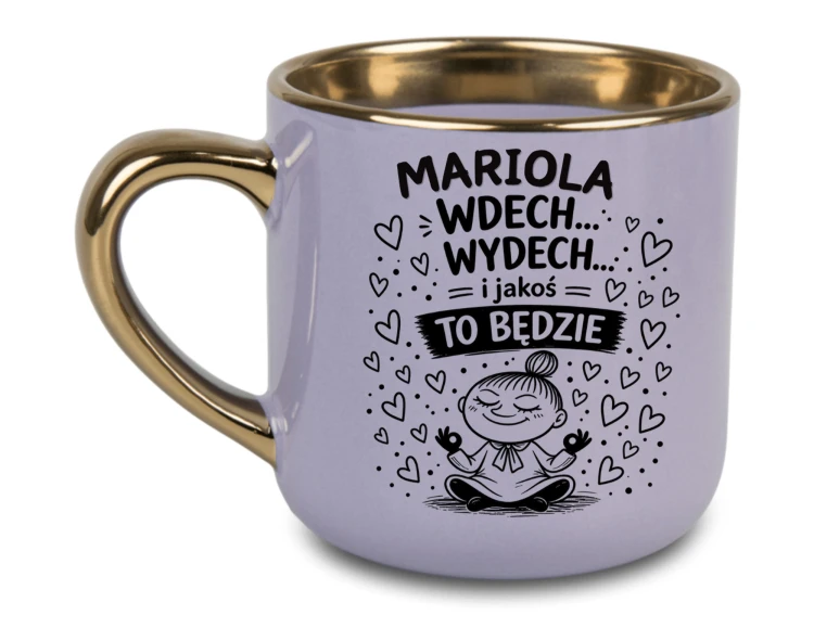 Fioletowy personalizowany kubek dla kobiety z napisem Wdech Wydech i złotym uchem