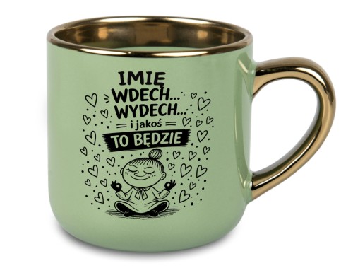 Pistacjowy personalizowany kubek antystresowy ze złotym rantem i grafiką medytującej dziewczynki