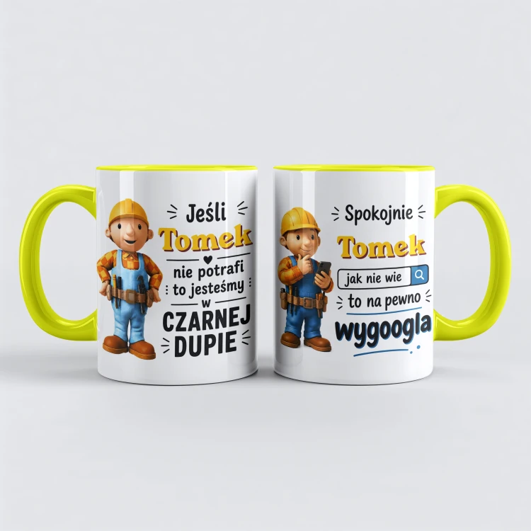 Personalizowany kubek dla majstra ze śmiesznym nadrukiem, żółte wnętrze i ucho