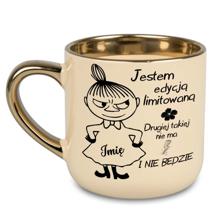 Personalizowany kubek z imieniem na prezent. Kremowa ceramika ze złotymi detalami o pojemności 400ml z zabawnym napisem edycja limitowana.