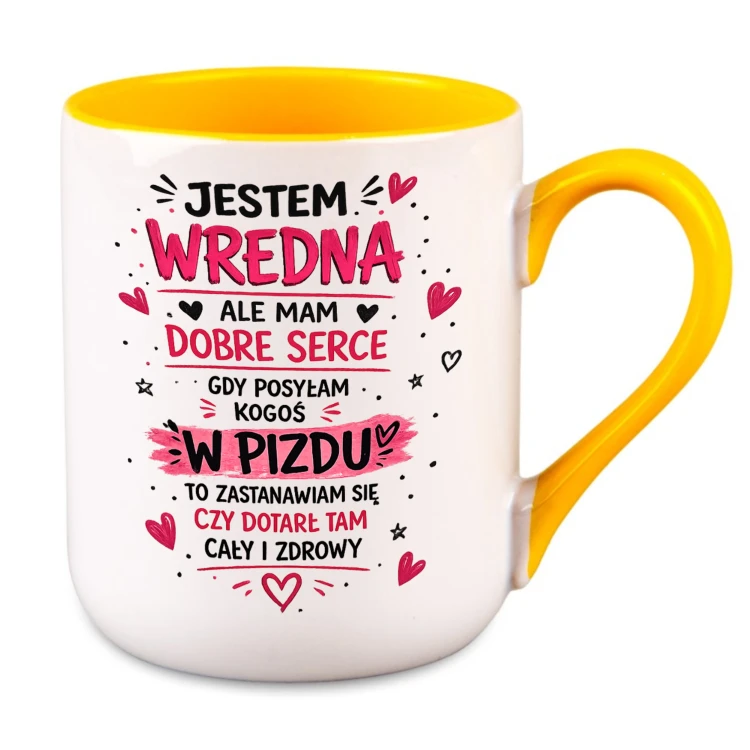Kubek z imieniem Jestem Wredna Ale Mam Dobre Serce żółte ucho i wnętrze