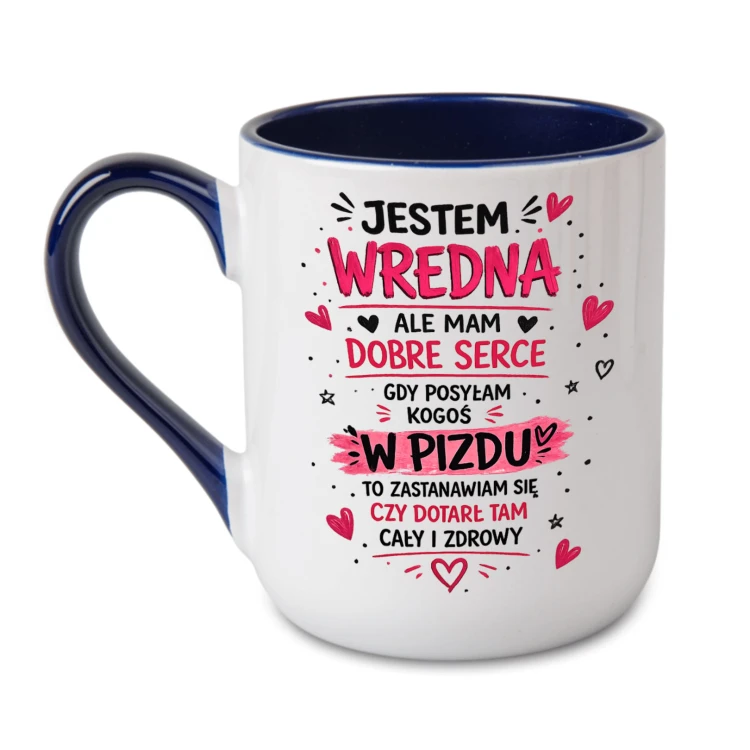 Kubek z imieniem Jestem Wredna Ale Mam Dobre Serce granatowe ucho i wnętrze