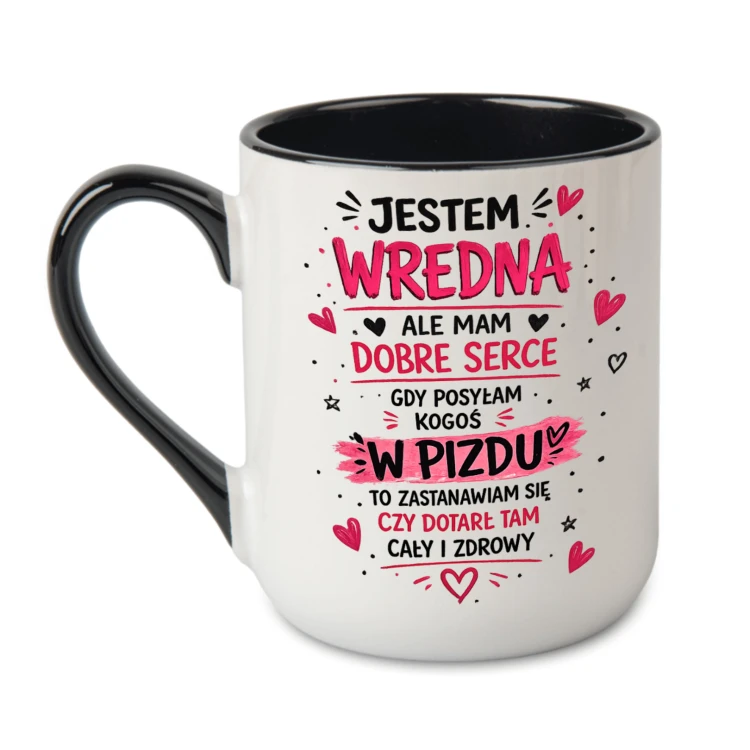 Kubek z imieniem Jestem Wredna Ale Mam Dobre Serce czarne ucho i wnętrze