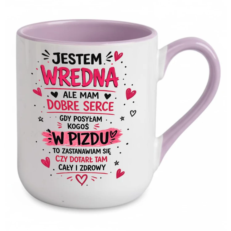 Kubek z imieniem Jestem Wredna Ale Mam Dobre Serce fioletowe ucho i wnętrze