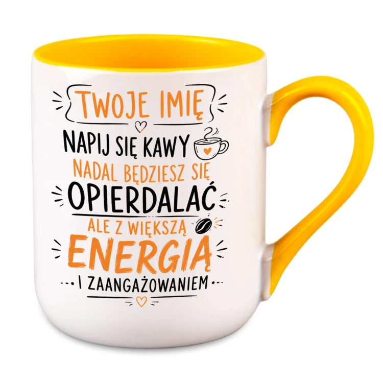 Żółty kubek personalizowany dla niej i dla niego – humorystyczny nadruk