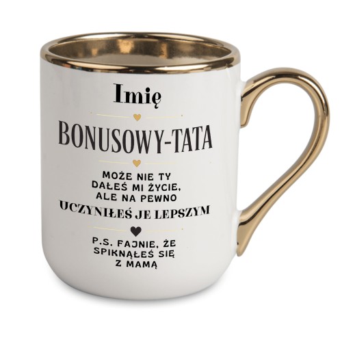 Biały kubek Bonusowy Tata z imieniem złoty rant i ucho