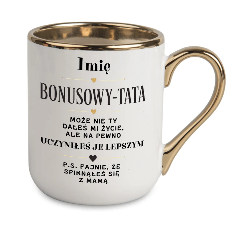 Biały kubek Bonusowy Tata z imieniem złoty rant i ucho