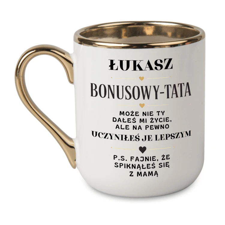 Elegancki biały kubek ze złotym uchem dla taty