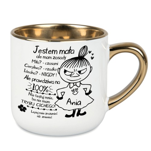 Personalizowany kubek z imieniem Jestem Mała Ale Mam Zasady biały ze złotym rantem 400 ml