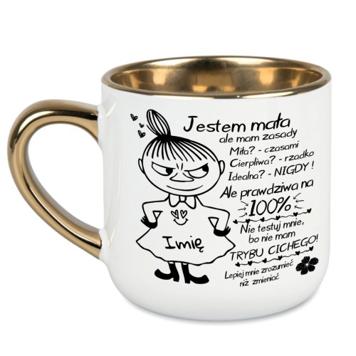Elegancki  kubek z imieniem Jestem Mała Ale Mam Zasady biały ze złotym rantem 400 ml
