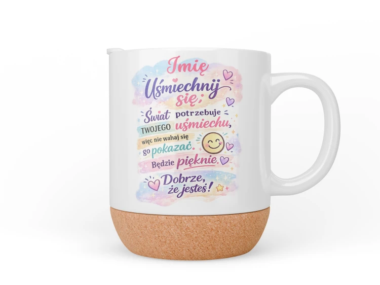 Personalizowany kubek z motywującym napisem i imieniem, prezent z korkową podstawką oraz pokrywką 300 ml