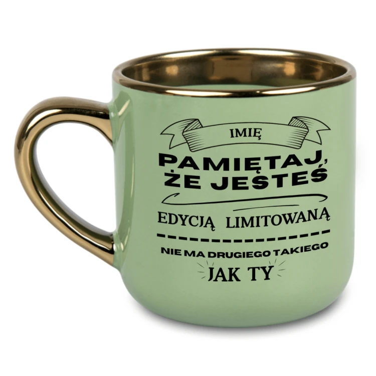 Zielony kubek ze złotym uchem i rantem personalizacja dowolnym imieniem prezent dla mężczyzny