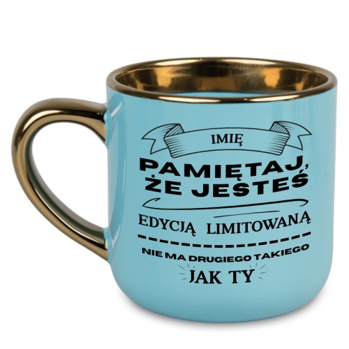 Kubek dla mężczyzny z dowolnym imieniem niebieski ze złotym uchem i rantem 400 ml