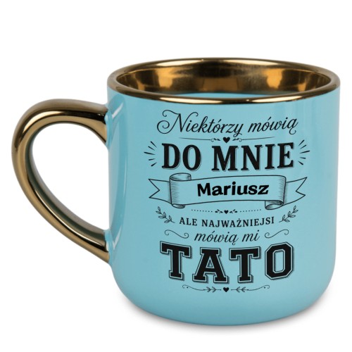 Personalizowany niebieski kubek TATO 400 ml ze złotym rantem i złotym uchem