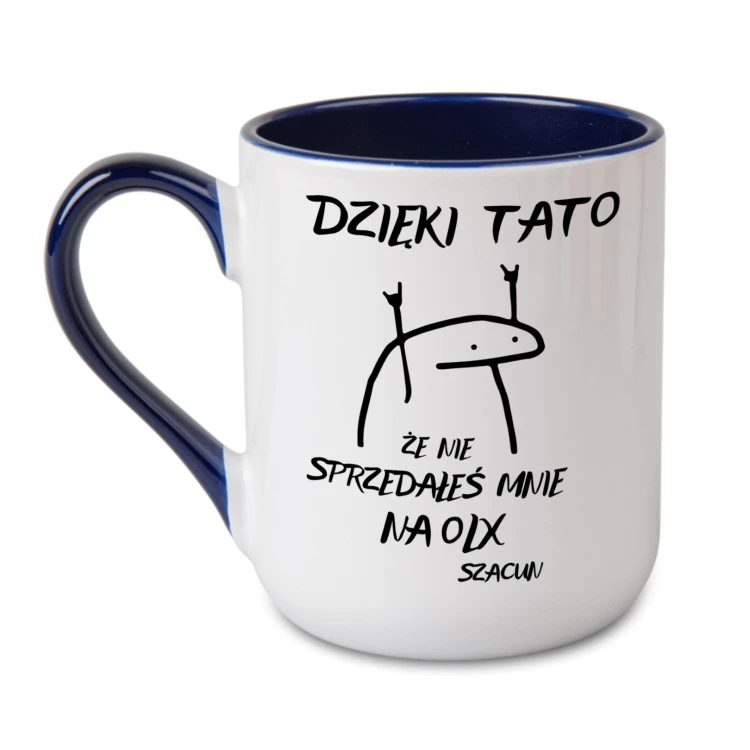 Personalizowany kubek dla taty z zabawnym napisem Dzięki Tato że nie sprzedałeś mnie na OLX granatowy