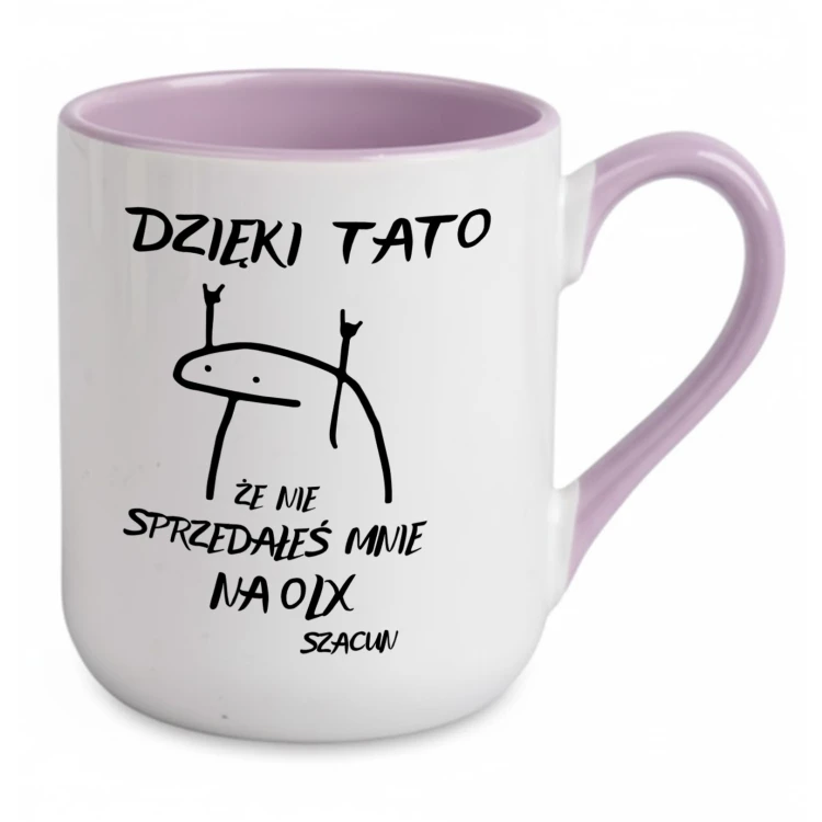 Kubek dla taty z imieniem Dzięki Tato że nie sprzedałeś mnie na OLX fioletowy śmieszny prezent na Dzień Taty
