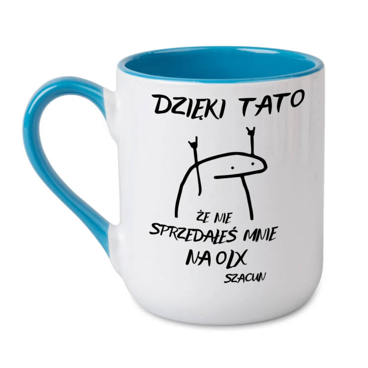Śmieszny kubek dla taty Dzięki Tato że nie sprzedałeś mnie na OLX niebieski personalizowany imieniem