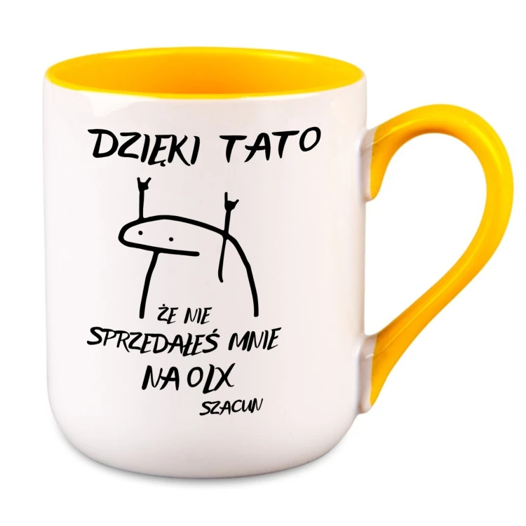 Kubek na prezent dla taty Dzięki Tato że nie sprzedałeś mnie na OLX żółty z własnym imieniem