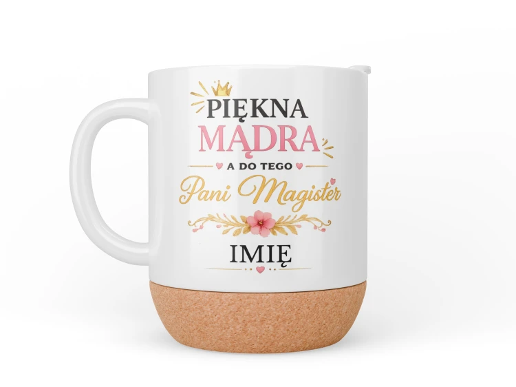 Kubek z korkową podstawą i pokrywką na prezent z okazji obrony pracy magisterskiej