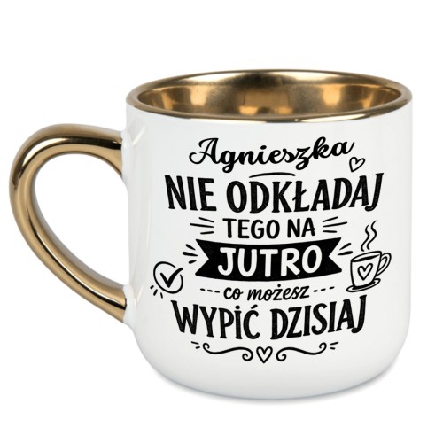 Biały kubek ze złotym uchem i rantem z imieniem i zabawnym napisem 400 ml
