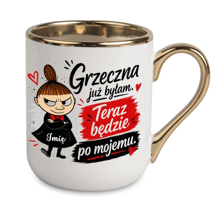Kubek z imieniem na prezent dla kobiety z charakterem elegancki biały kubek ze złotym uchem wysyłka 24h