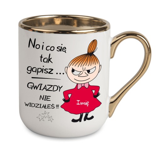 Personalizowany biały kubek z Małą Mi i dowolnym imieniem ze złotym rantem i uchem