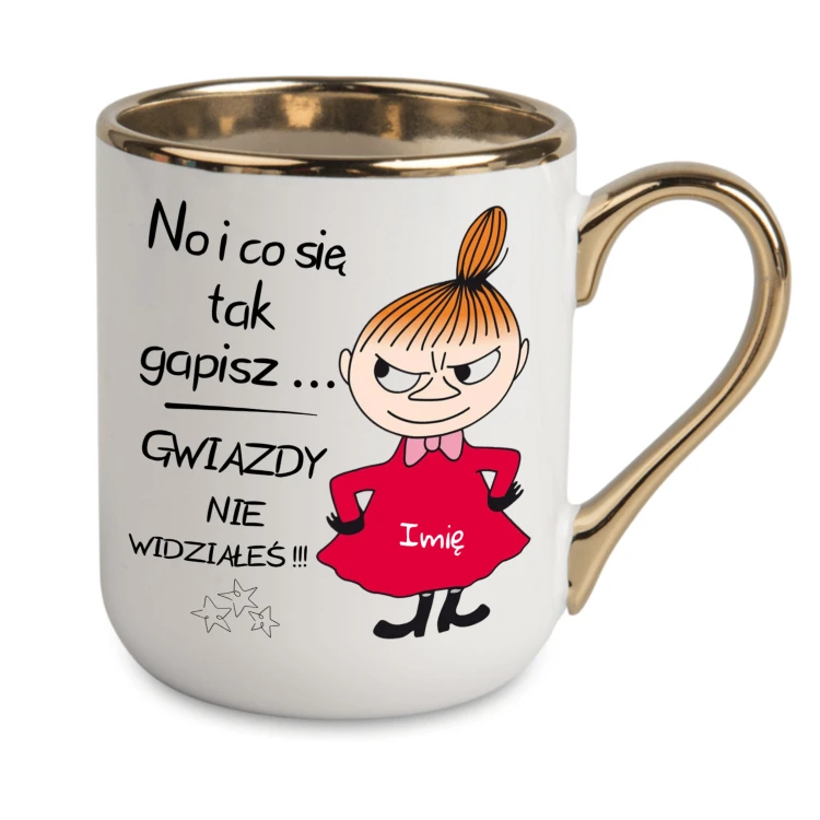 Personalizowany biały kubek z Małą Mi i dowolnym imieniem ze złotym rantem i uchem