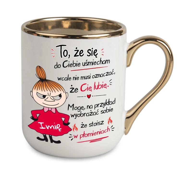 Personalizowany biały kubek z Małą Mi i dowolnym imieniem, złoty rant i ucho 330 ml