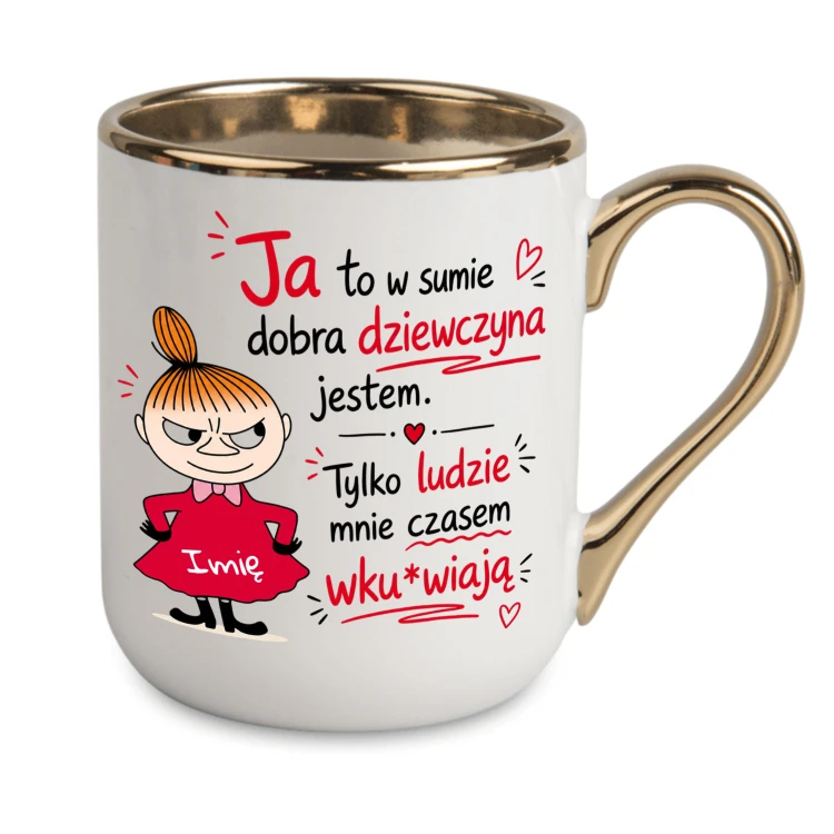 Personalizowany biały kubek z Małą Mi i imieniem ze złotym rantem i uchem