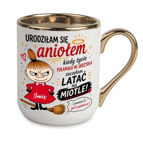 Biały personalizowany kubek Urodziłam się aniołem z imieniem i złotym rantem 330 ml
