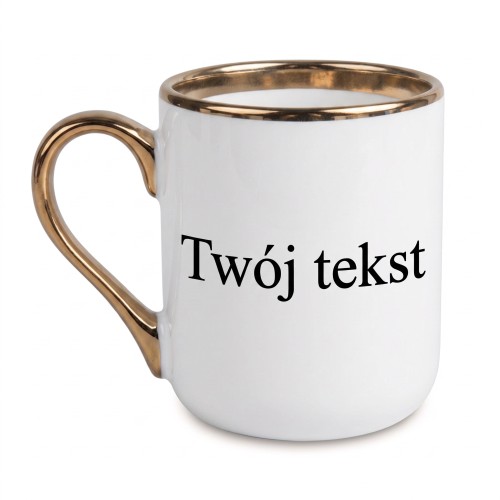 Elegancki biały kubek 330 ml ze złotym uchem i rantem z własnym nadrukiem