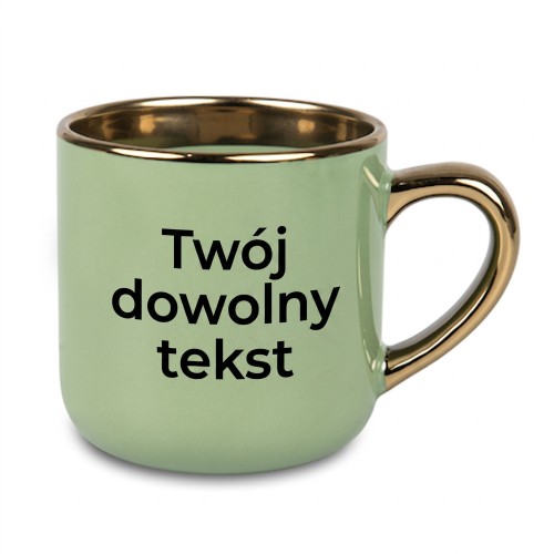 Elegancki zielony kubek z własnym tekstem, złotym rantem i uchem
