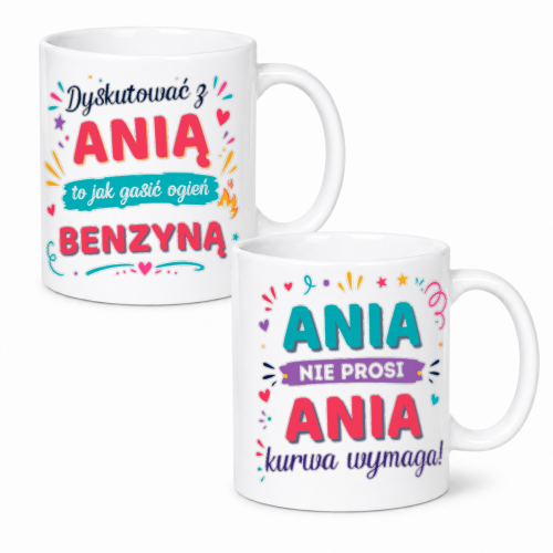 Personalizowany kubek z imieniem Nie prosi – wymaga 330 ml – nadruk po obu stronach.