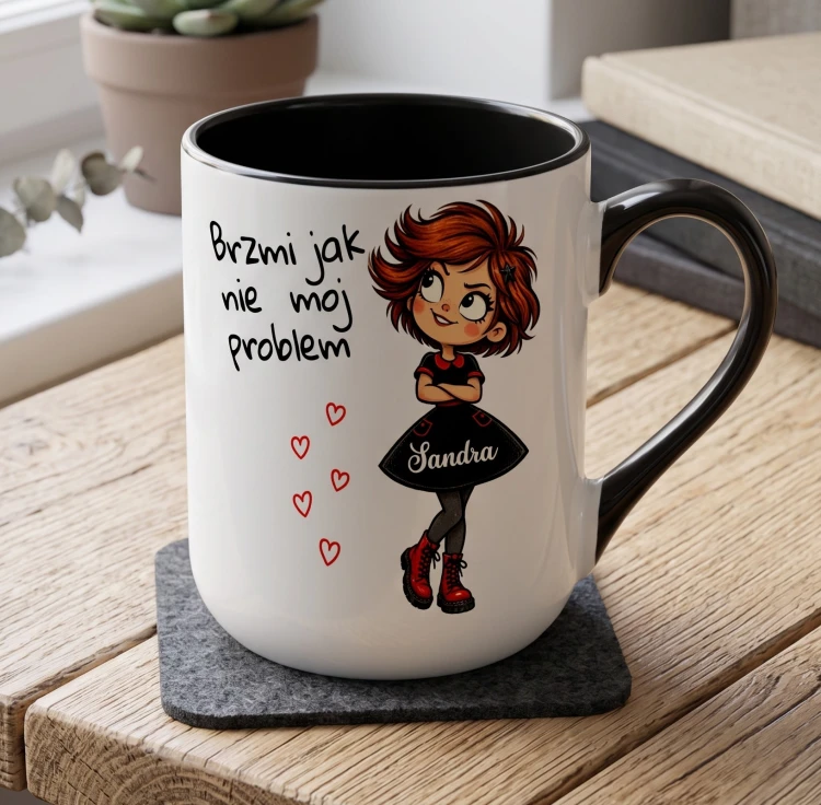 Kubek Alex z grafiką dziewczyny „Brzmi jak nie mój problem” i imieniem na eleganckim tle prezentowym