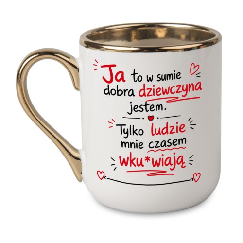 Personalizowany biały Kubek Elegant 330 ml Dobra dziewczyna ze złotym rantem i uchem
