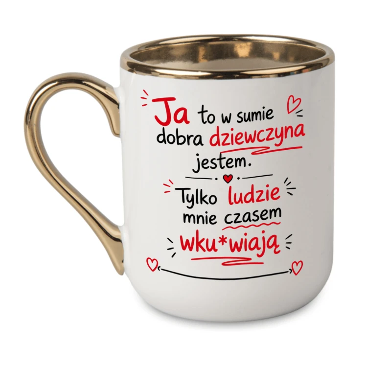 Personalizowany biały Kubek Elegant 330 ml Dobra dziewczyna ze złotym rantem i uchem