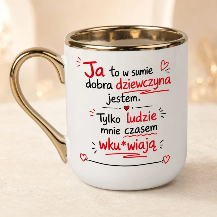 Personalizowany kubek Dobra dziewczyna z imieniem, złotym rantem i uchem na eleganckim tle